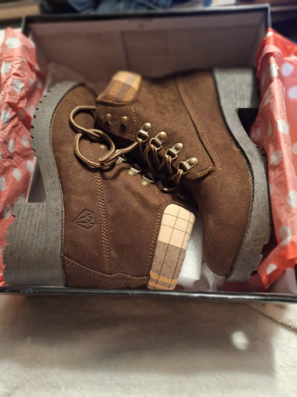 Rock & Candy Ryann Brown Suede Lace-Up Ankle Boots with Plaid Accent